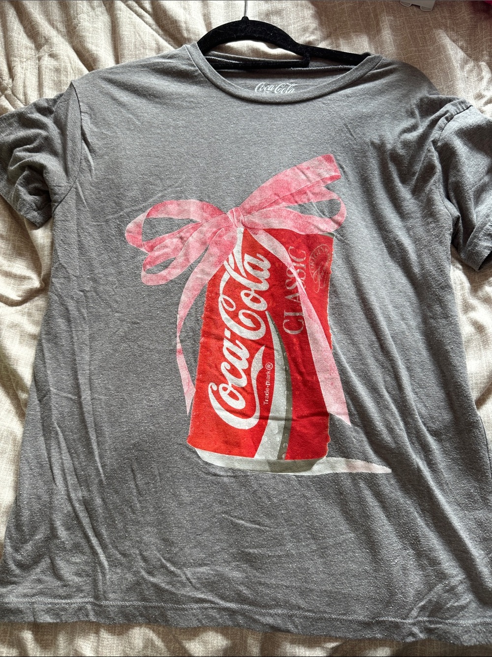 Coca Cola Gray Tee with Red Can & Pink Bow Graphic